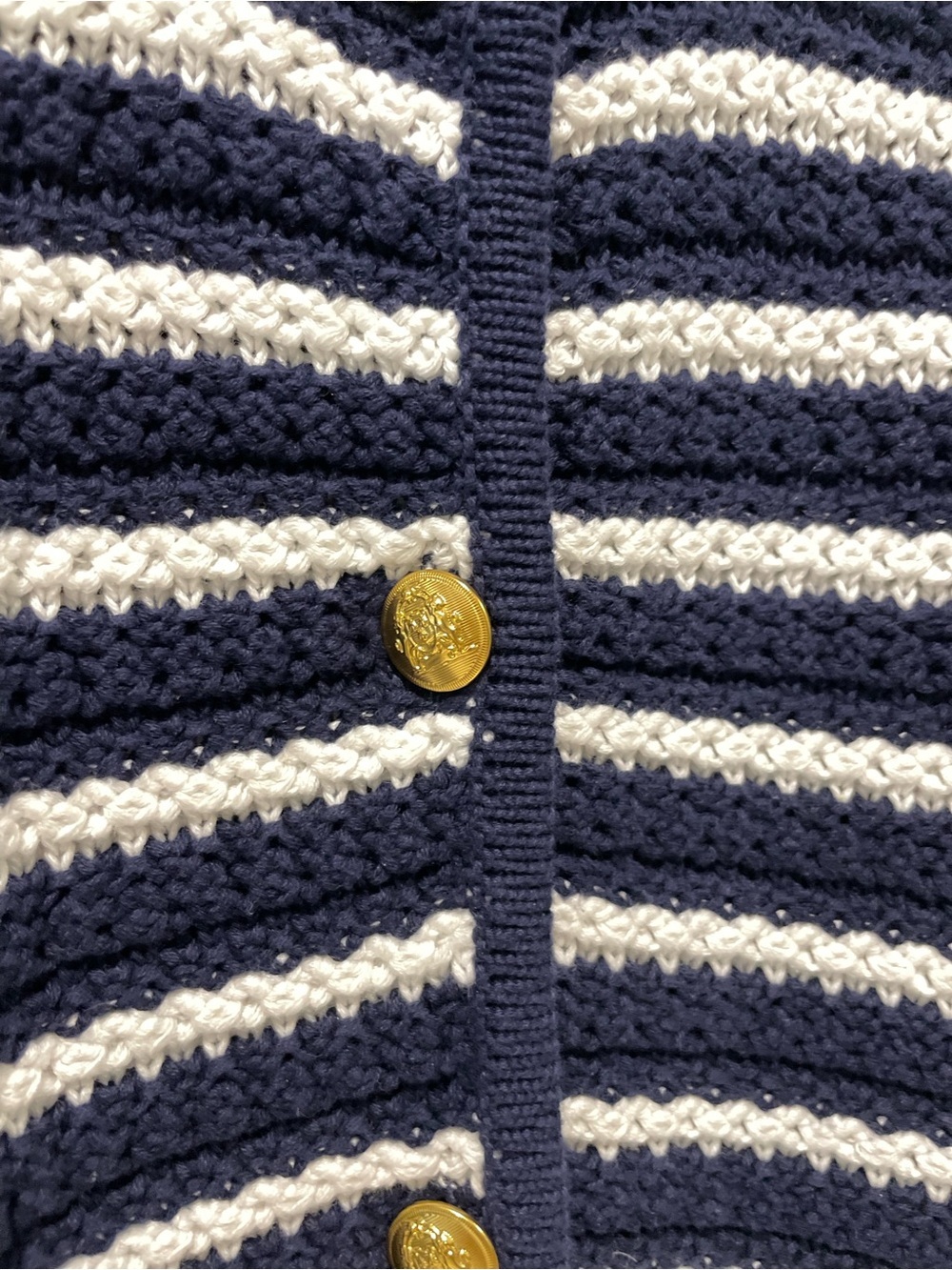Gap Chunky Cardigan Sweater Navy White Striped Gold Buttons Fisherman Size XL - Picture 5 of 7